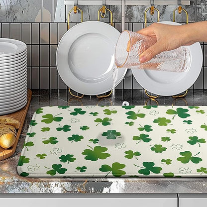 St Patricks Day Dish Drying Mat Shamrock Green Spring Kitchen Dish Drying Pad Absorbent Dish Dryer Mat for Kitchen Countertops Microfiber Dishes Drainer Pad Dish Drying Rack Mat (18x24 in)