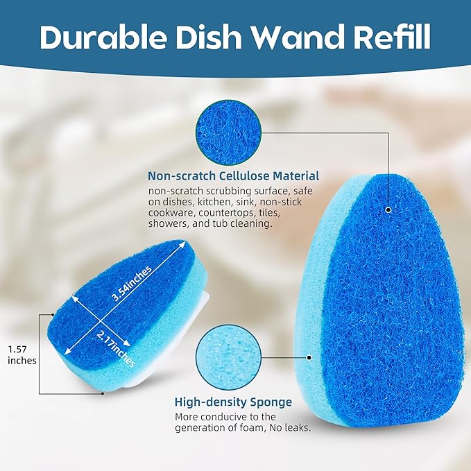 Non-Scratch Dishwand Refills 6 Pack, Scratch-Free Replacement Sponge Heads for Dish Wand, Dishwashing Soap Dispensing Refills, Gentle Scrubber Pads for Kitchen Dishes Sink Cleaning