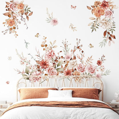 wondever Hanging Flower Vine Wall Stickers Boho Floral Leaves Peel and Stick Wall Art Decals for Living Room Girls Bedroom TV Wall