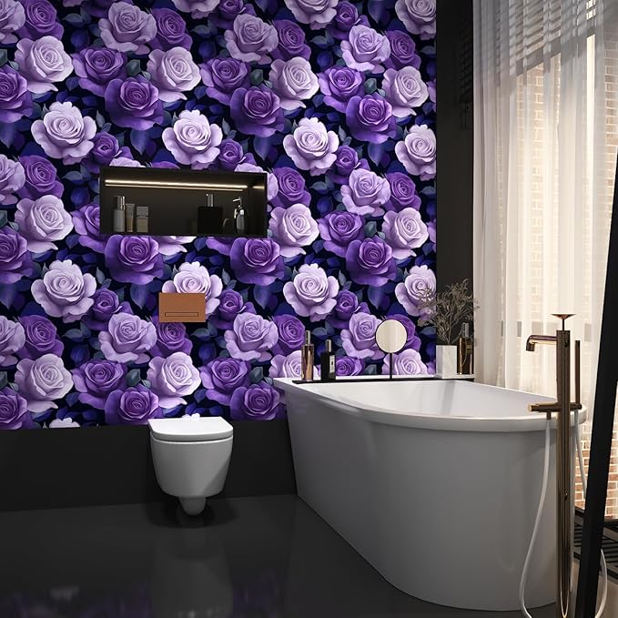 Purple Peel and Stick Wallpaper, Vintage Purple Rose Floral Pattern Wallpapers, Dark Romance Flower Self Adhesive Contact Paper Wall Decor for Bedroom Bathroom Drawer Bookshelf 17.5In x 9.8Ft