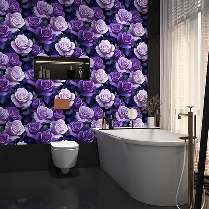 Purple Peel and Stick Wallpaper, Vintage Purple Rose Floral Pattern Wallpapers, Dark Romance Flower Self Adhesive Contact Paper Wall Decor for Bedroom Bathroom Drawer Bookshelf 17.5In x 9.8Ft