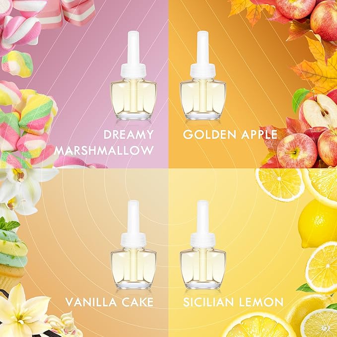 Plug-In Air Freshener Refills 12 Pack – Dreamy Marshmallow, Sicilian Lemon, Golden Apple & Vanilla Cake Scents for Bathroom, Home – Compatible with Air Wick & Glade, Not Include Glade Plus