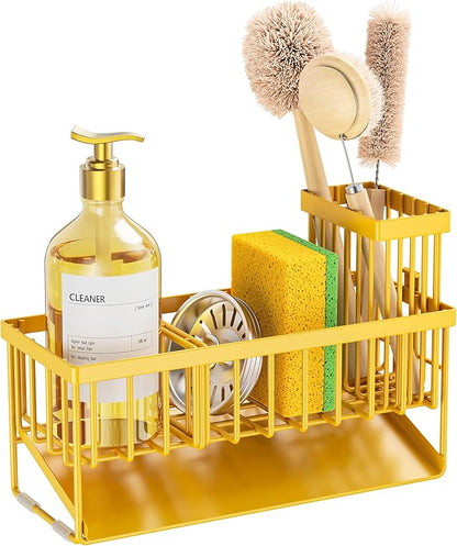 Cisily Lemon Yellow Sink Caddy Organzier with High Brush Holder, Sponge Holder for Sink, 304 Rustproof Stainless, Kitchen Countertop Soap Dispenser Organizer, Lemon Kitchen Decor and Accessories