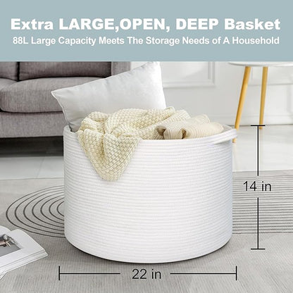 White Cotton Rope Storage Basket, 22" X 22" X 14" Extra Large Blanket Storage Living Room, XL Soft Toy Bin for Organizing, Woven Baby Laundry Basket with Handle, White Wicker Hamper Nursery