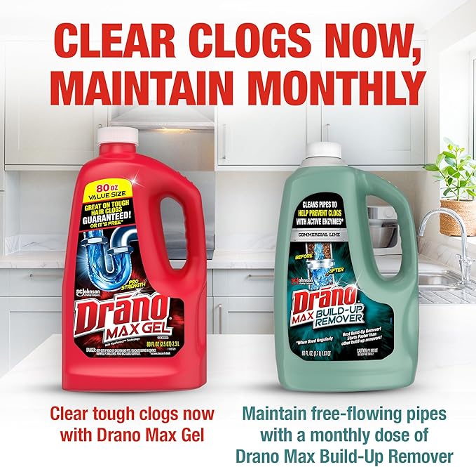 Drano Max Gel Drain Clog Remover & Cleaner, Fast-Acting to Unclog Standing Water & Remove Hair, Grease & Food Blockages, Safe for all Pipes & Septic, Kitchen Sinks, Bathroom Showers & Tubs, 80 Oz