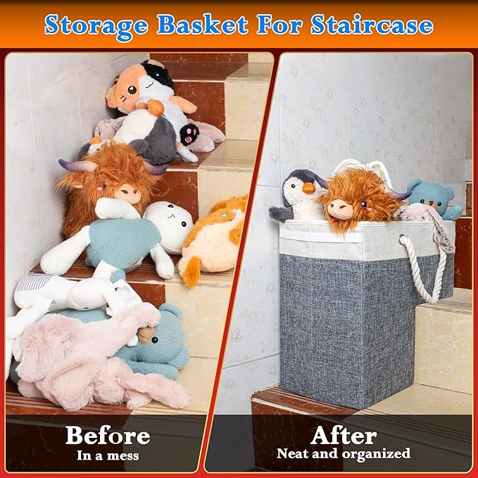 Stair Basket Foldable Linen Storage Organizer with Toplid for Carpeted Stairs & Wooden Staircases. Versatile Sturdy Bag for Climbing, Laundry & Shoe