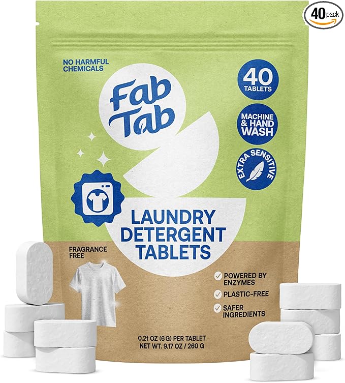 Fab Tab Laundry Detergent Tablets, Clean Ingredients, Sensitive Skin Friendly, Powerful & Gentle Clean, Unscented, Plastic-Free Alternative to Liquids, Laundry Pods and Sheets, 40 Count.