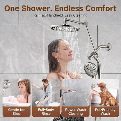 BRIGHT SHOWERS Rain Shower Head with Handheld Spray, High Pressure Dual Shower Head, Adjustable Extension Arm & Slide Bar, 9 Spray Modes Built-in Power Wash, 3-Way Diverter, 69" Hose, Brushed Nickel