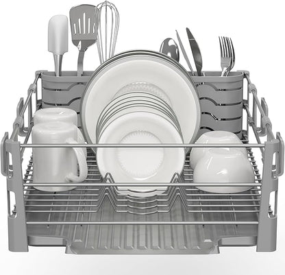 Simple Houseware Dish Drying Rack with Drainboard, Utensil Holder & Mug Hooks, Silver Metal Kitchen Counter Organizer