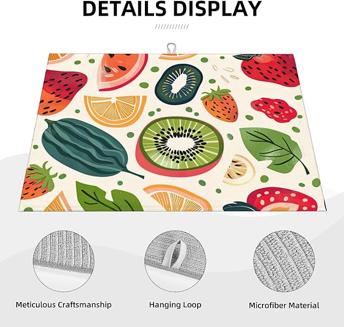 Fruits Painting Dish Drying Mats for Kitchen Counter, Absorbent Reversible Microfiber Dish Drying Pad, Multi-Use Large Drying Mat Coffee Bar Accessories 18"x24"