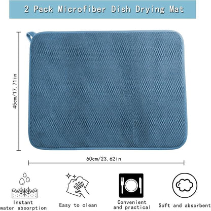 2 Pcs Large Size Dish Drying Mats for Kitchen Counter, Reusable Dishes Drainer Mats, Absorbent Microfiber Dish Drying Pad for Countertops, Racks, Under Sink (Blue, 24 x 18 Inch)