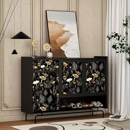 Laatse Boho Wallpaper Peel and Stick Dark Floral Contact Paper 17.5" x 197" Vinyl Self Adhesive Vintage Mushrooms Wall Mural Leaf Wall Paper for Room Countertop Drawer Decor(Golden,Black)