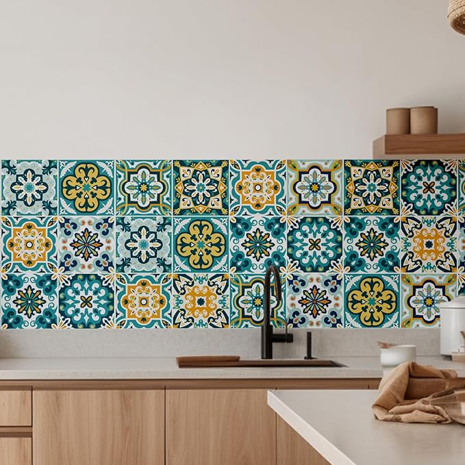 30Pcs Bohemian Self-Adhesive Wall Sticker, Floral Pattern, Peel and Paste, Waterproof Living Room Kitchen Bedroom Wall Sticker, Tile Wall Sticker, Home Wall Decor, 4x4 Inch