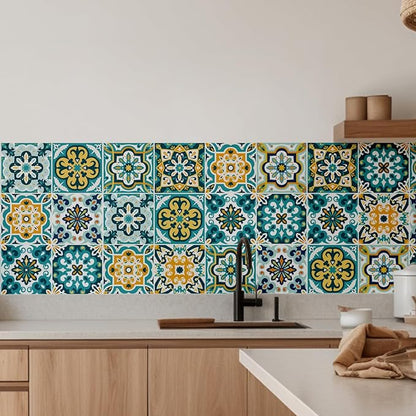 30Pcs Bohemian Self-Adhesive Wall Sticker, Floral Pattern, Peel and Paste, Waterproof Living Room Kitchen Bedroom Wall Sticker, Tile Wall Sticker, Home Wall Decor, 4x4 Inch