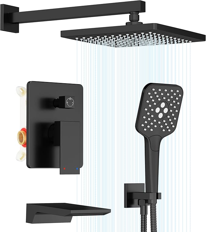 Gabrylly Shower System with Tub Spout, Wall Mounted Tub Shower Faucet Set for Bathroom with High Pressure 10" Rain Shower head and 3-Setting Handheld Shower Head Set, Matte Black