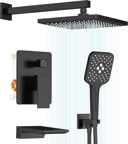 Gabrylly Shower System with Tub Spout, Wall Mounted Tub Shower Faucet Set for Bathroom with High Pressure 10" Rain Shower head and 3-Setting Handheld Shower Head Set, Matte Black