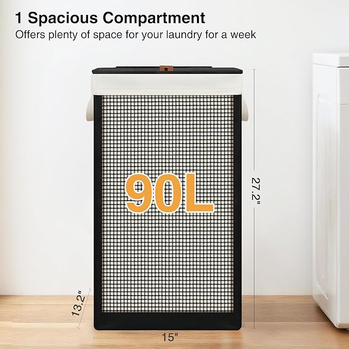 STO STO Laundry Hamper with Lid, 90L Large 1 Section Laundry Sorter, Laundry Basket with Removable Washable Canvas Liner Bag, Breathable Clothes Hamper for Bedroom Bathroom Laundry Room Closet Dorm