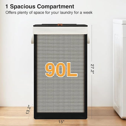 STO STO Laundry Hamper with Lid, 90L Large 1 Section Laundry Sorter, Laundry Basket with Removable Washable Canvas Liner Bag, Breathable Clothes Hamper for Bedroom Bathroom Laundry Room Closet Dorm