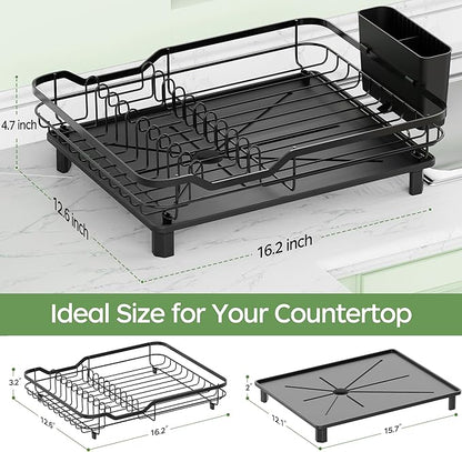 ROTTOGOON Dish Drying Rack, Stainless Steel Rustproof Dish Rack for Kitchen Counter, Sturdy Dish Drainer with Drainboard, Drainage, Utensil Holder for Various Kitchenware, 16.2"(L) x 12.6"(W), Black