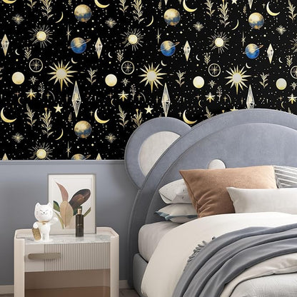 Extra Long Starry Night Black Wallpaper Peelable, 17.5" x 393" Vintage Black Gold Moon Stars Self-Adhesive Vinyl Contact Paper for Kids Bedroom, Living Room, Removable Celestial Wall Decor