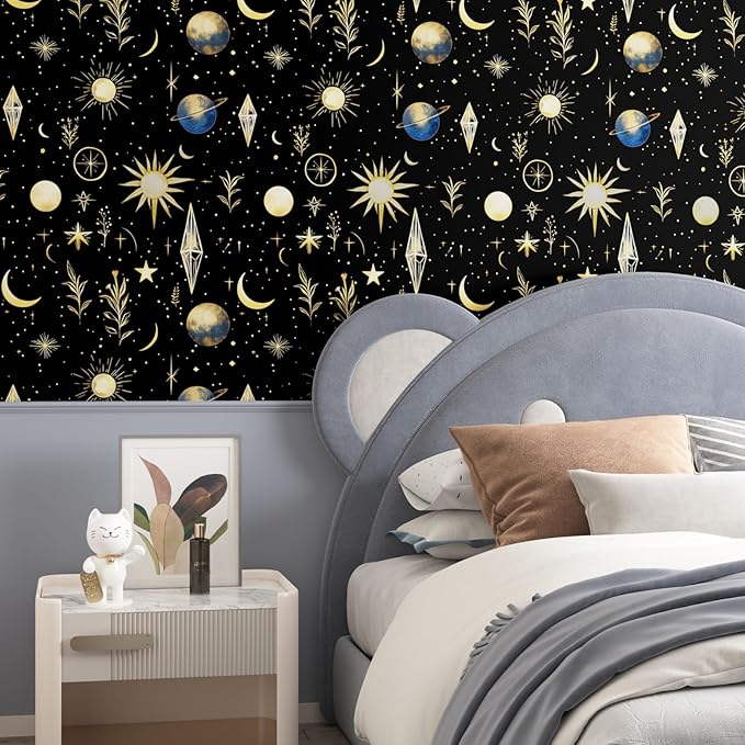 Starry Night Peel and Stick Wallpaper – Black Gold Galaxy Celestial Starburst Moon Stars Self-Adhesive Vinyl Contact Paper for Bedroom Living Room Cabinet, Removable Wall Decor 17.5In x 118In