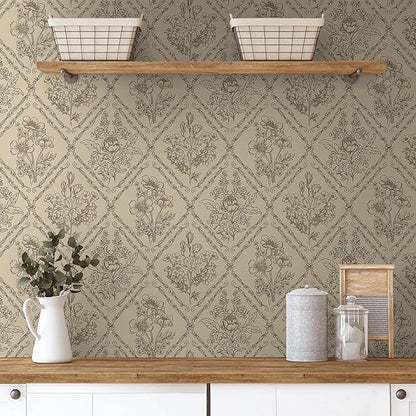 Toduso Peel and Stick Wallpaper Vintage Wall Paper Boho Contact Paper Brown Floral Removable Wallpaper for Bathroom Bedroom Flower Waterproof Self Adhesive Vinyl Drawer Decor 17.3"x393.7"