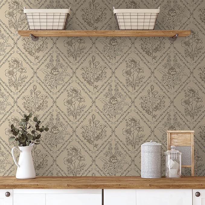 Toduso Peel and Stick Wallpaper Vintage Wall Paper Boho Contact Paper Neutral Removable Wallpaper for Kitchen Bathroom Bedroom Floral Waterproof Self Adhesive Vinyl Drawer Decor 17.3"x78.7"