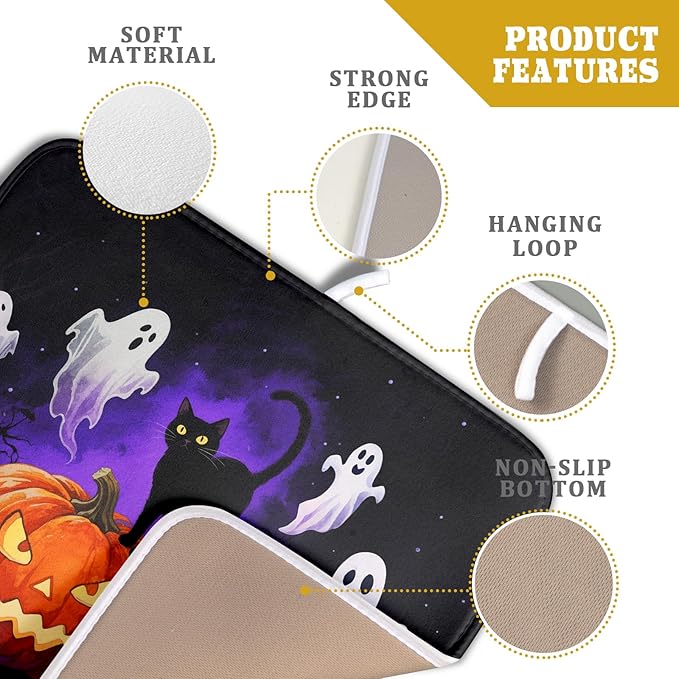 Halloween Ghost Pumpkin Dish Drying Mat for Kitchen Counter 16x18 Black Cat Holiday Scary Theme Absorbent Reversible Microfiber Drying Mats Kitchen Countertop Protector Dishes Drainer Pad