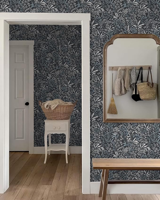 Heroad Blue Peel and Stick Wallpaper Boho Floral Contact Paper 17.3''x78.7'' Dark Blue Wall Paper Removable Self Adhesive Wallpaper for Cabinets Bedroom Bathroom Waterproof Decoration Vinyl Roll