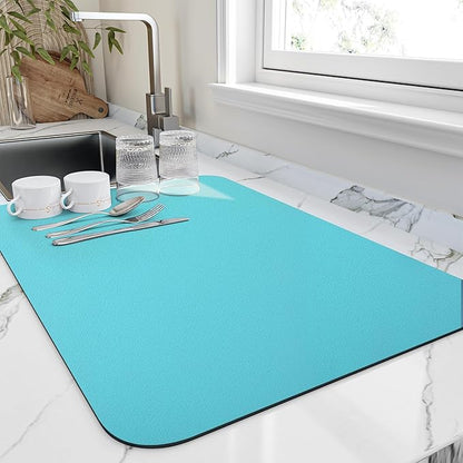 HotLive Dish Drying Mat for Kitchen Counter, Heat Resistant Drainer Mats with Non-slip Rubber Backed, Hide Stain Kitchen Super Absorbent Draining Mat, Easy to Clean Dish Rack Pad, Teal 16"x18"
