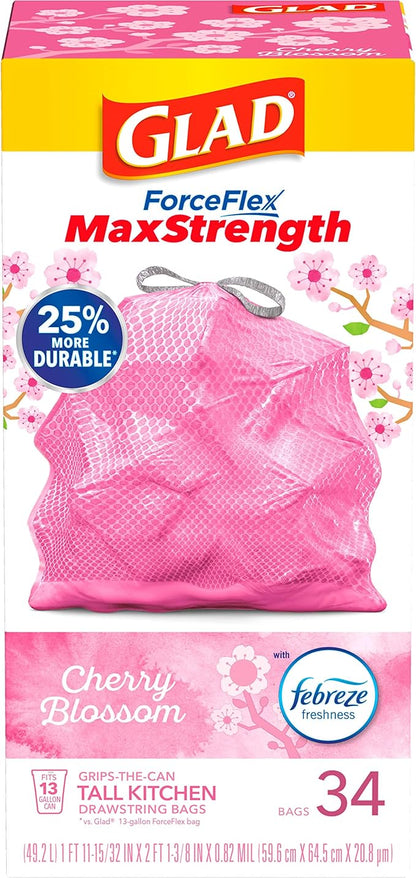 Glad Tall Kitchen Trash Bags 13 Gallon, MaxStrength Cherry Blossom Garbage Bags, Odorshield with Drawstring, 34 Count