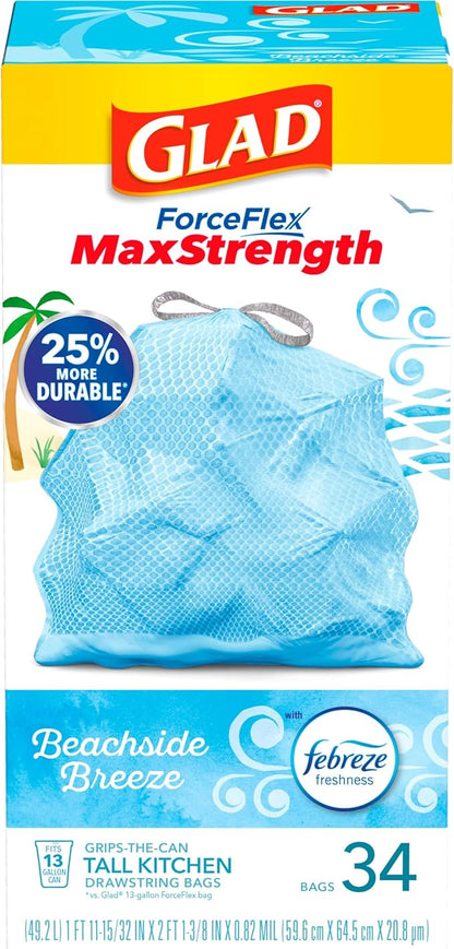 Glad Trash Bags, 13 Gallon, 34 Count (Pack of 2) | ForceFlex MaxStrength | Tall Kitchen Drawstring | Beachside Breeze Scent