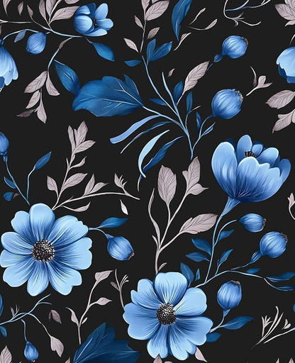Blue Floral Peel and Stick Wallpaper, Moody Dark Flower Theme Contact Paper Stick on Bedroom Living Room Kitchen, Vintage Self Adhesive Removable Wall Paper Dark Black Blue 17.5In x 118In