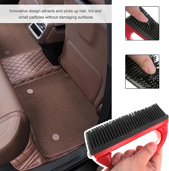 Car Carpet Lint & Hair Removal Brush, Electrostatic Bristles Mini Pet Hair Remover with Ergonomic Handle, Reusable Fur Remover Brush Car Interior Cleaning Tool for Truck SUV RV (Red)