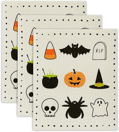 DII Swedish Dishcloths for Kitchen & Cleaning, Reusable, Machine Washable & Dishwasher Safe, Biodegradable, 7.75 x 6.75, Spooky, 3 Piece