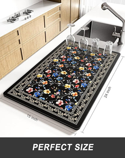 Rnivvi Dish Drying Mat for Kitchen Counter, XL 15 x 24" Cute Flower Theme Super Absorbent Drainer Pad, Non-Slip Heat Resistant Coffee Bar Mat for Coffee Machine Station Accessories,Retro Dish Rack Pad
