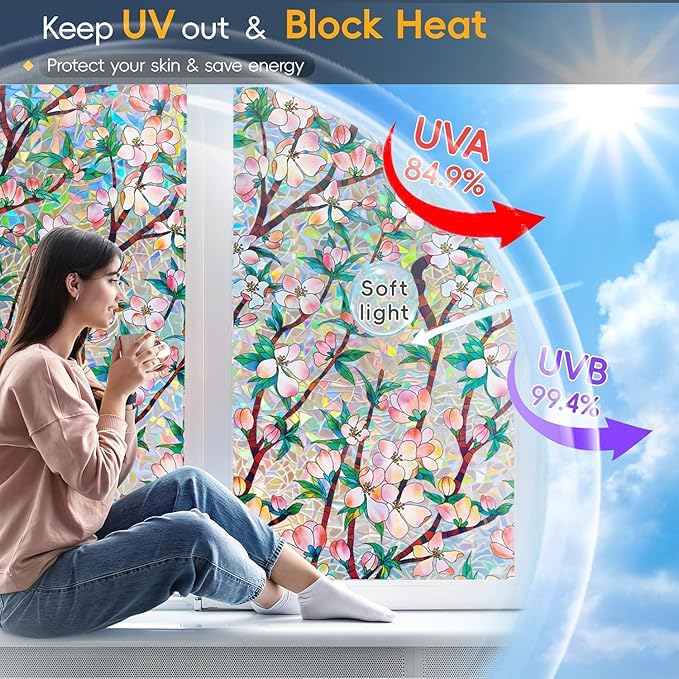 Rainbow Window Privacy Film Decorative, 3D Decals Stained Glass Clings, Static Cling Sticker, Suncatcher Windows Cover Tint for Home, 23.6 Inch x 78.7 Inch