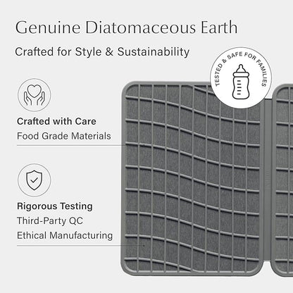 Dorai Home Dish Pad - Collapsable Stone Dish Drying Mat with Diatomaceous Earth for Quick Drying - Ultra Absorbent - Encased in Woven Silicone - Eco-Friendly, Foldable - Large 24.6" x 16.5", Slate