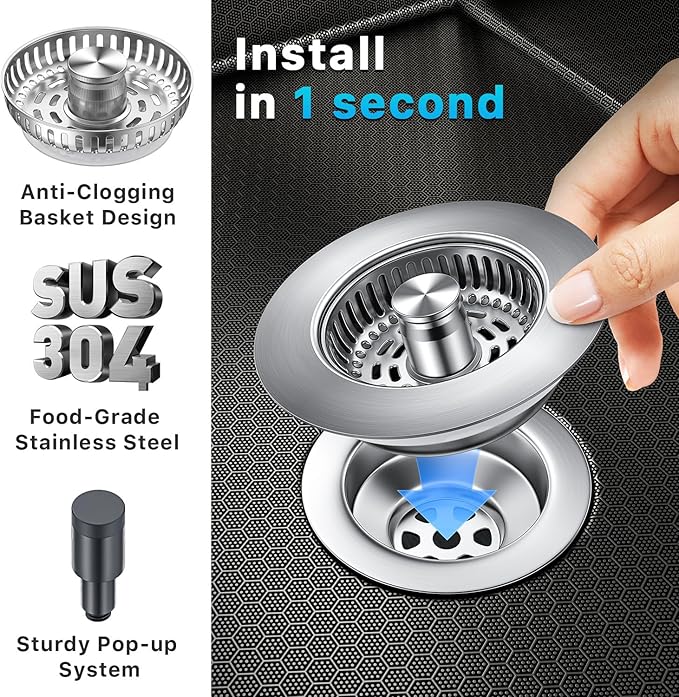 1S-Install Upgraded Kitchen Sink Strainer & Stopper – Pop-Up Fast Drain, Anti-Clog Basket & Deodorizing Cover – Fits US Standard 3.5 in Drain, 3 in 1 Stainless Steel Sink Drain Strainer