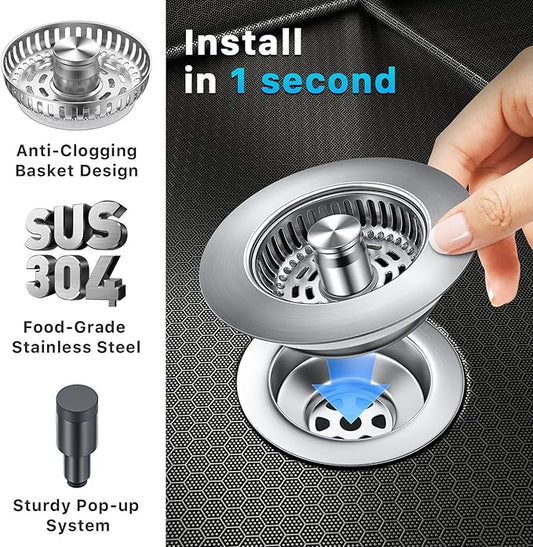 1S-Install Upgraded Kitchen Sink Strainer & Stopper – Pop-Up Fast Drain, Anti-Clog Basket & Deodorizing Cover – Fits US Standard 3.5 in Drain, 3 in 1 Stainless Steel Sink Drain Strainer