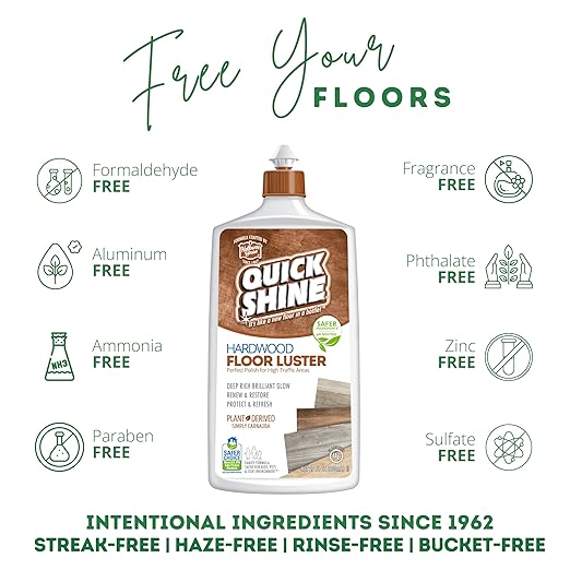 Quick Shine Hardwood Floor Luster-Polish 27oz | Plant-Derived w/Carnauba | Safer Choice, No PFAS, pH Neutral | Ready to Use Formula w/Anti-Slip Technology | Simply Squirt & Spread | Made in USA