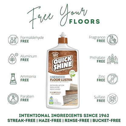 Quick Shine Hardwood Floor Luster-Polish 27oz | Plant-Derived w/Carnauba | Safer Choice, No PFAS, pH Neutral | Ready to Use Formula w/Anti-Slip Technology | Simply Squirt & Spread | Made in USA