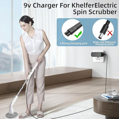 Charger for Khelfer Electric Spin Scrubber Kh8 Pro, 9V Charger Power Cord Compatible with Kh8 Series Kh1 Pro Kh2 Pro KH8W KH8B KH8G AC DC Power Supply Adapter