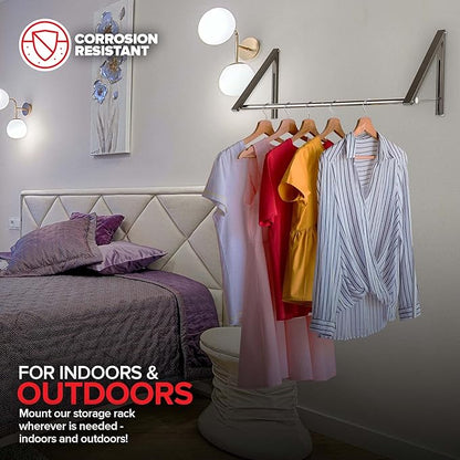 Double Foldable Clothing Rack w/ Extension Rod, Wall-Mounted Retractable Clothes Hanger for Laundry Dryer Room, Hanging Drying Rod, Small Collapsible Folding Garment Racks, Dorm Accessories (Gray)