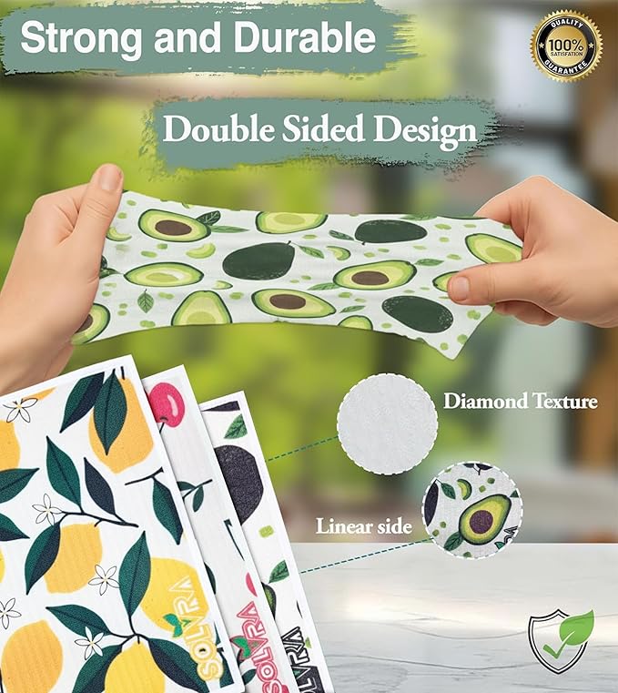 10 PCS Fruit Print Swedish Dishcloths for Kitchen 100% Biodegradabl, Reusable Cellulose Sponge Cloth, Ultra Absorbent, Eco Friendly Cleaning Towels | Dishcloths for Washing Dishes & General Cleaning