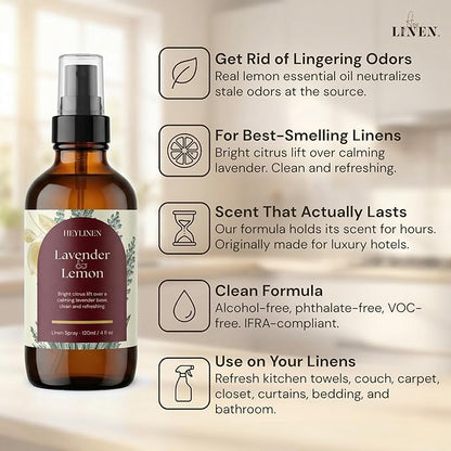 Lavender & Lemon Linen Spray | Clean Refreshing Aromatherapy Made with Pure Essential Oils | Fabric Freshener & Deodorizer for Carpet Kitchen Laundry Bathroom | 4 fl oz