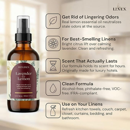 Lavender & Lemon Linen Spray | Clean Refreshing Aromatherapy Made with Pure Essential Oils | Fabric Freshener & Deodorizer for Carpet Kitchen Laundry Bathroom | 4 fl oz