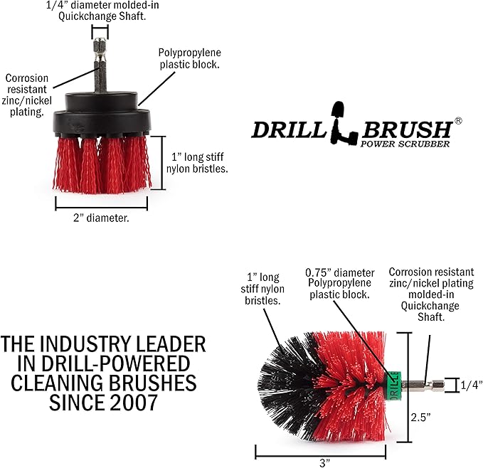 2 Piece Mini Size Red Stiff Bristle Rotary Cleaning Drillbrushes for Cleaning Siding, Brick, Stone, Fireplaces, Decks, Gutters, and More by Drillbrush