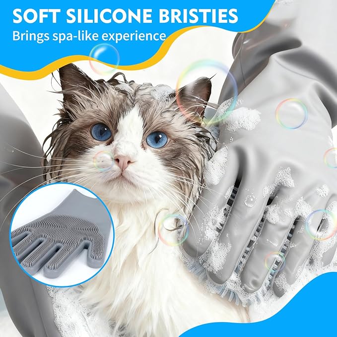 Reusable Cleaning Silicone Gloves with Scrubber Bristles for Dishwashing, Dog Pet Grooming & Car Wash (13.6" Large)