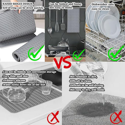 Silicone Dish Drying Mat for Kitchen Counter, Collapsible Trifold Large Dish Drainer Mat, Drying Mat with Hook, 24x16In Non-Slip Silicone Sink Mat, Easy to Clean